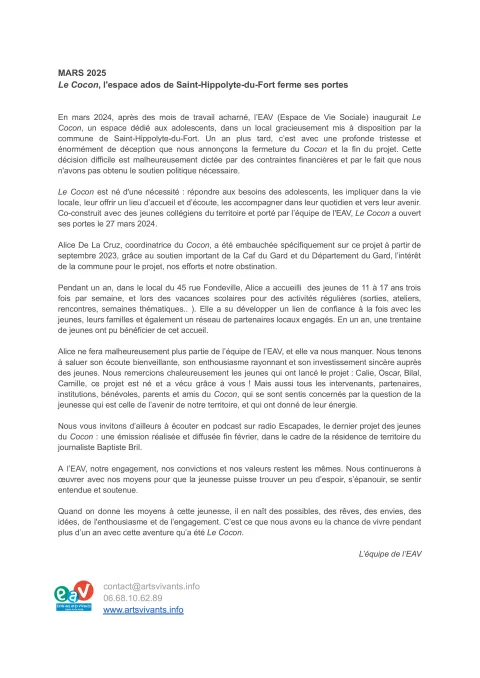 Le Cocon, notre espace ados a fermé ses portes